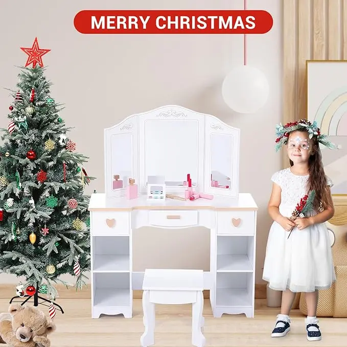 Kids' Princess Vanity Set - White Painted Children's Child-Sized Bedroom Furniture, Family-Friendly Indoor Play Makeup Table with Mirror, Stool, Wooden Play Makeup Accessories, Drawer for Stashes