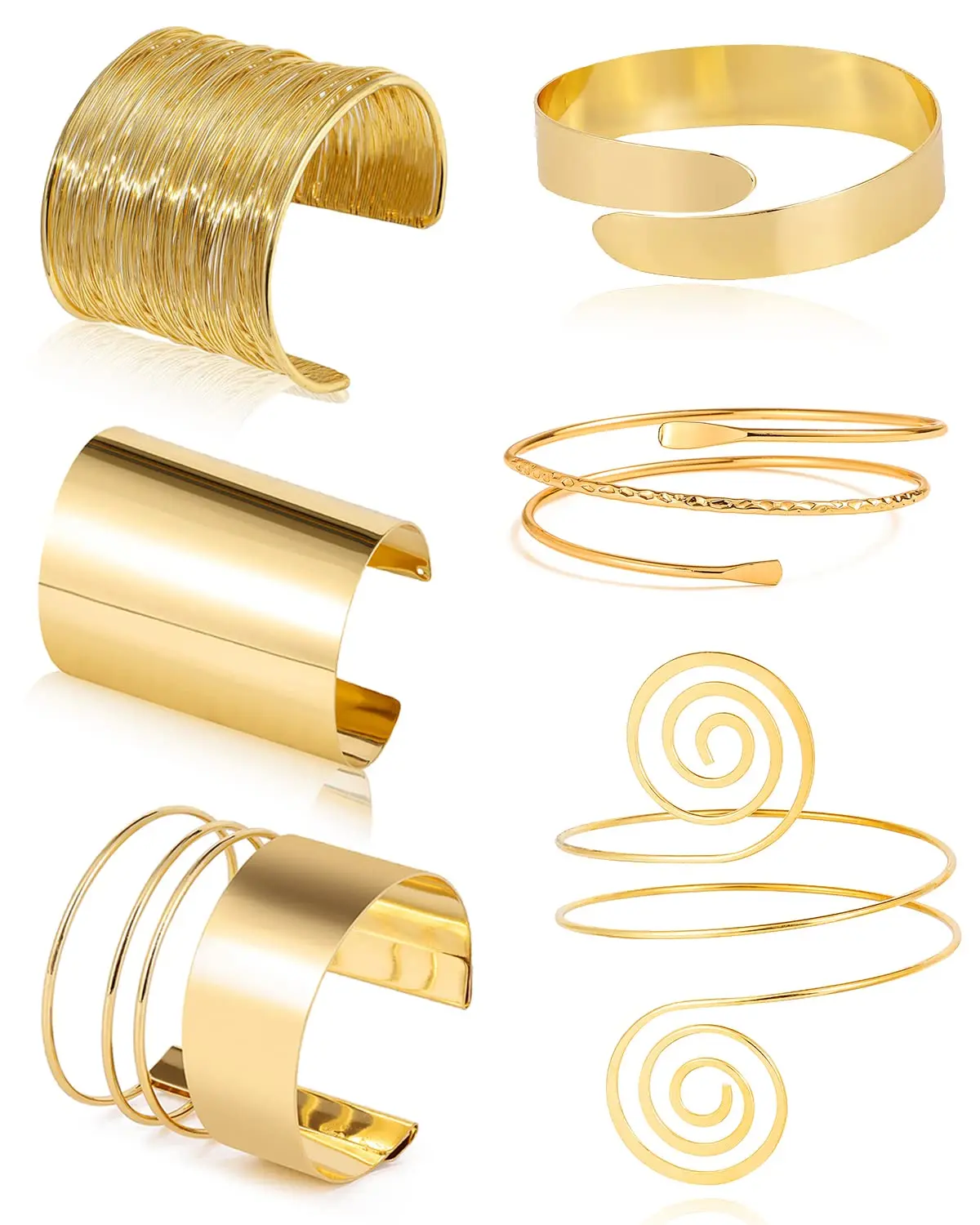 6 Pieces Arm Cuff Bracelet Set - Minimalist Simple Swirl Open Wide Wire Upper Arm Band Bracelets for Women - Adjustable Bangle