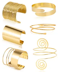 6 Pieces Arm Cuff Bracelet Set - Minimalist Simple Swirl Open Wide Wire Upper Arm Band Bracelets for Women - Adjustable Bangle