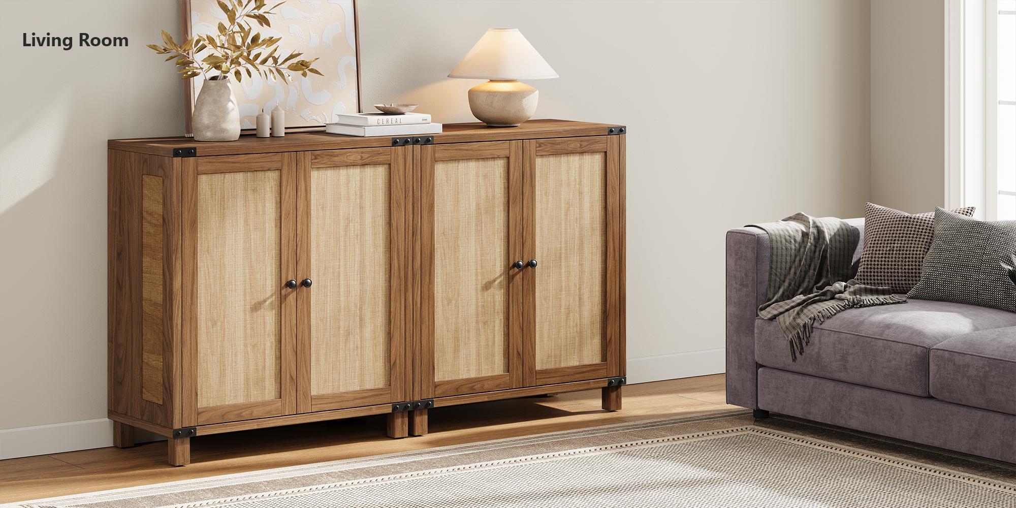 【Valentine's Day gift】ONBRILL 31.5" Sideboard Buffet Cabinet with Storage, Rattan Style Credenza with 2 Soft-Close Doors & Adjustable Shelves, Accent Cabinet for Living Room, Hallway, Kitchen