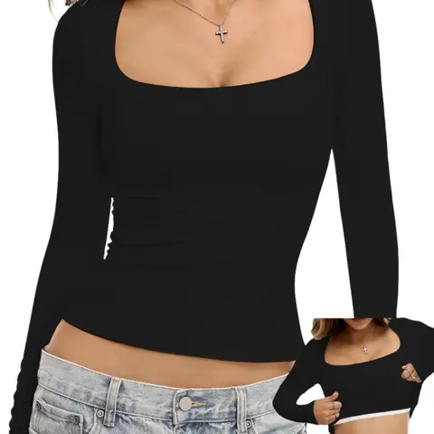 Danysu Double Lined Long Sleeve Tops with Built in Bra for Women Square Neck Nylon Basic Fitted Fall Shirts 2025 campingessentials Black Casual