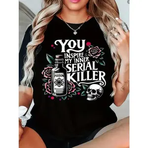 funny plus size womens you   my inner killer graphic tee edgy skull roses   fabric casual crew neck short sleeve top for   wear spring summer fashion   black -1
