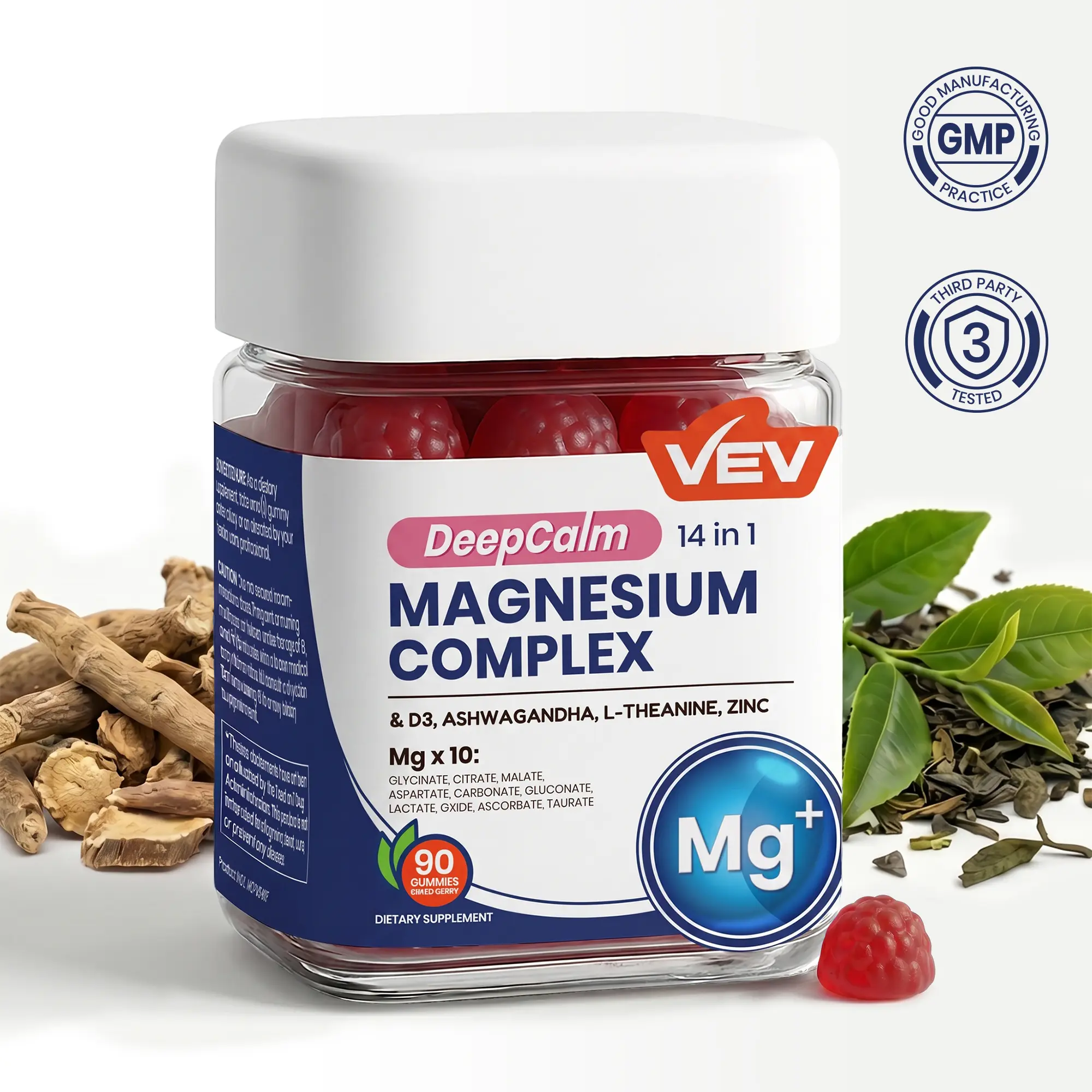 VEV DeepCalm Magnesium Complex Gummies - Ashwagandha, L-Theanine, D3 & Zinc, Vegan, Non-GMO, 90 Count, Backtoschool