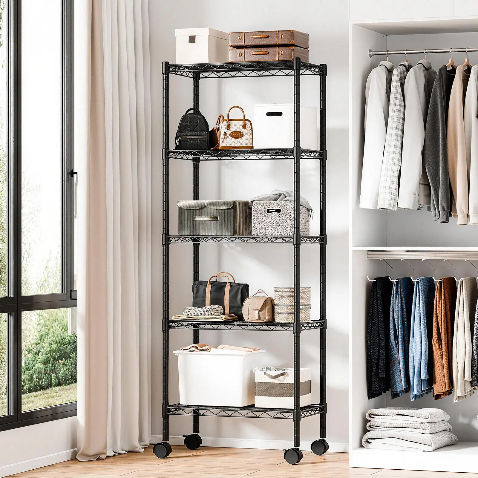 Heavy-Duty Adjustable Wire Shelving Unit with Casters Ideal for garages, kitchens, pantries, laundry rooms, and office storage Easy assembly Dimension