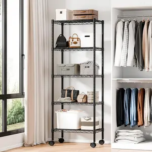5 Tier Heavy-Duty Adjustable Wire Shelving Unit with Casters Ideal for garages, kitchens, pantries, laundry rooms, and office storage Easy assembly Dimensions: 23“W × 13”D × 60"H Black