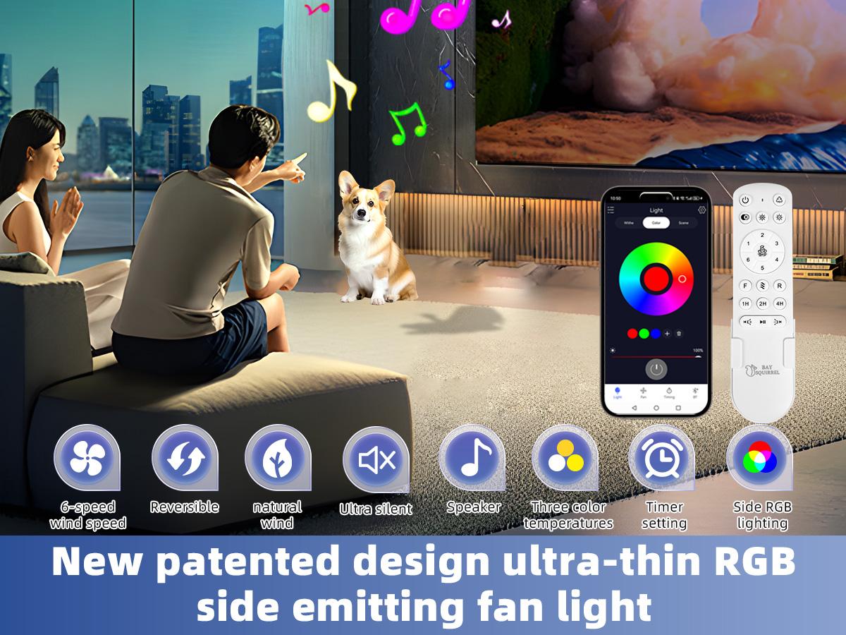 BaySquirrel Slim Invisible Ceiling Fans Lights with Remote Control & App 42 Inch Dimmable Fan 6 Retractable Blades 6-Speed Reversible Adjustable Rgb Lighting 24-Hour Timer Smart Lamp,Feb Faves,Valentine's Day