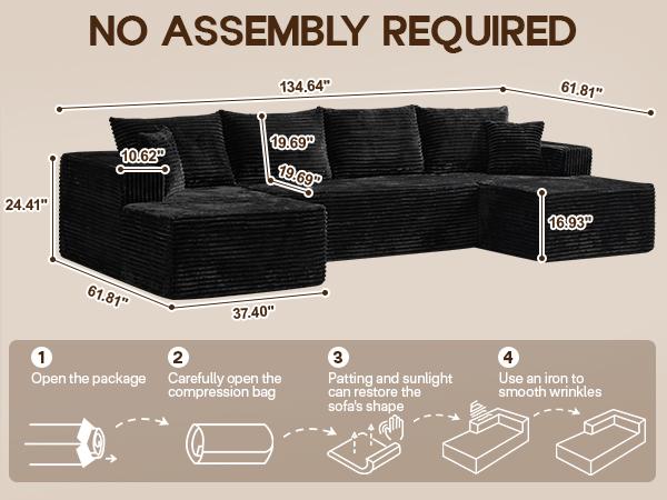 135" Oversized U Shaped Cloud Couch Sectional Sofa with Chaise Modern Modular Sofa with Lounge Chairs Upholstered Boneless Couches for Living Room Bedroom Plush Corduroy Fabric【3 Packages Shipping】