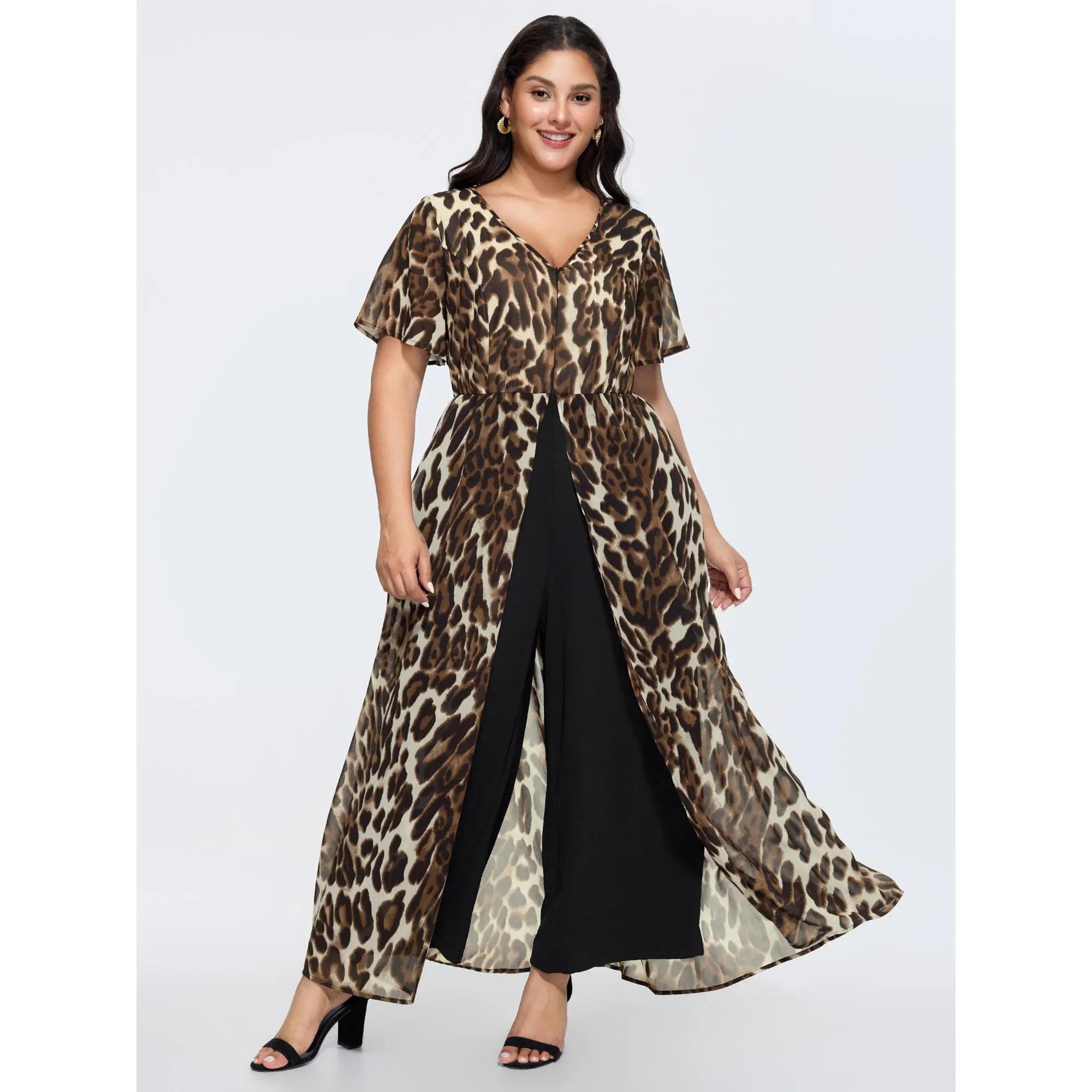 BloomChic Women's Plus Size Regular Length Overalls - Soft Breathable Polyester Shell, Casual Short Sleeve Timeless Simple Design, Flattering Cut, Leopard Print, Pocket, Machine Washable (Cold Wash Recommended), M-6X, Everyday Comfy Fit