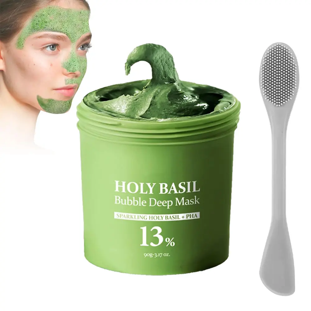 Holy Basil Bubble Deep Clay Mask - Non Toxic, PHA-Infused for Pore Control, Cleansing Blackheads, Daily Use - 90g Korean Peel-Off & Wash-Off Face Mask, Bubble Mask