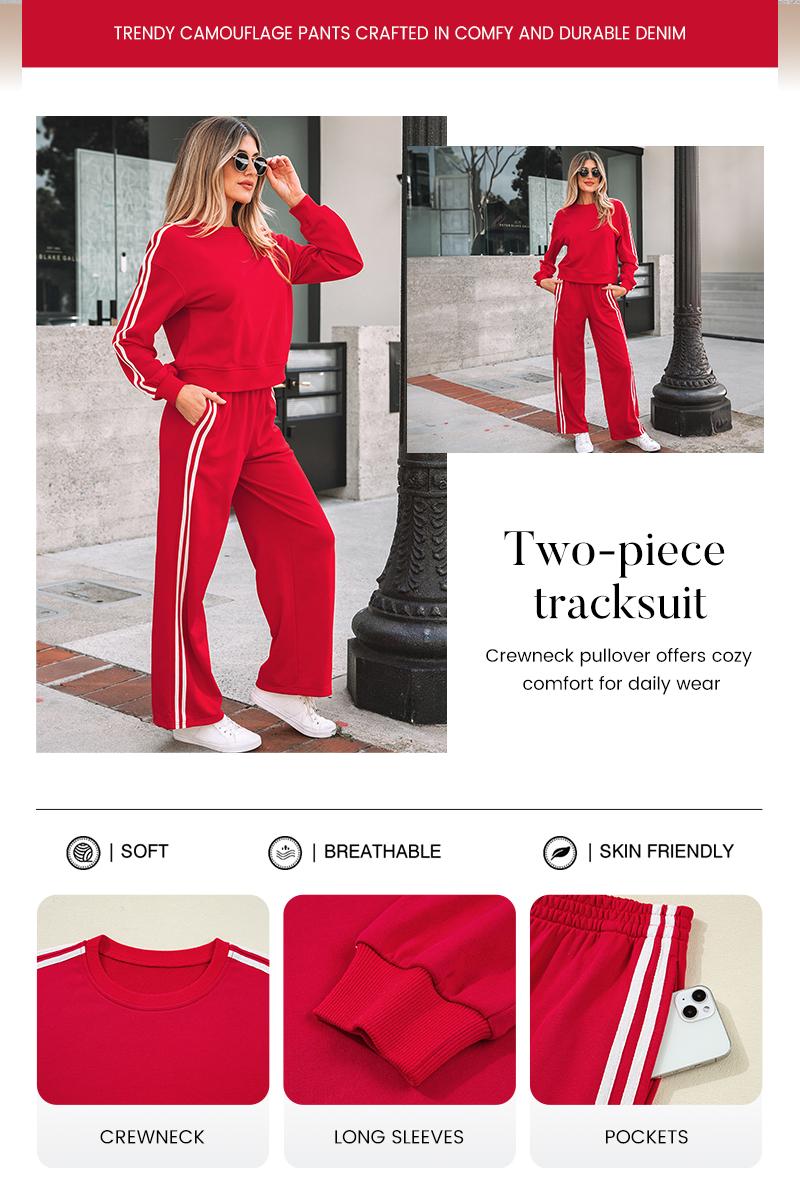 Dear-Lover Varsity Striped Detail Crewneck Pullover and Elastic Waist Loose Sweatpants Outfit, Colorblock Stripe 2Pcs Sweatsuit Casual Womenswear Sporty