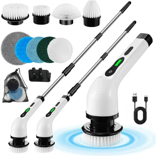 Electric Spin Scrubber Cordless, 9 Replaceable Heads for Shower Tile Grout, Waterproof Power Scrubber Brush with Extension Handle, Dual-Speed Bathroom Kitchen Floor Cleaner