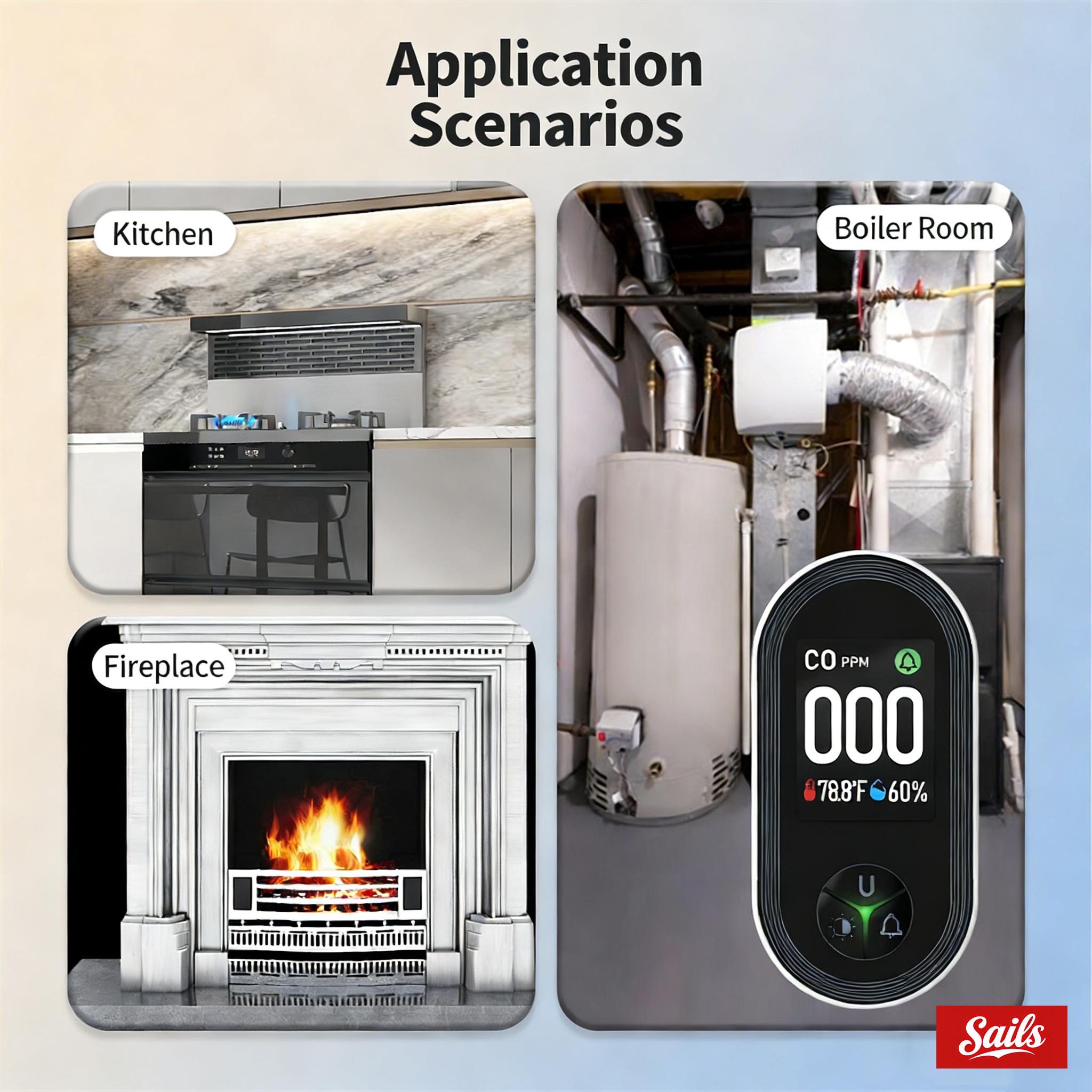 SAILS ALL-IN-ONE Env Sensor with Natural Gas & Temperature Humidity Sensors Plug-and-Play Design High-Definition Display Accurate Alerts Ideal for Kitchen Garage RVs Apartments