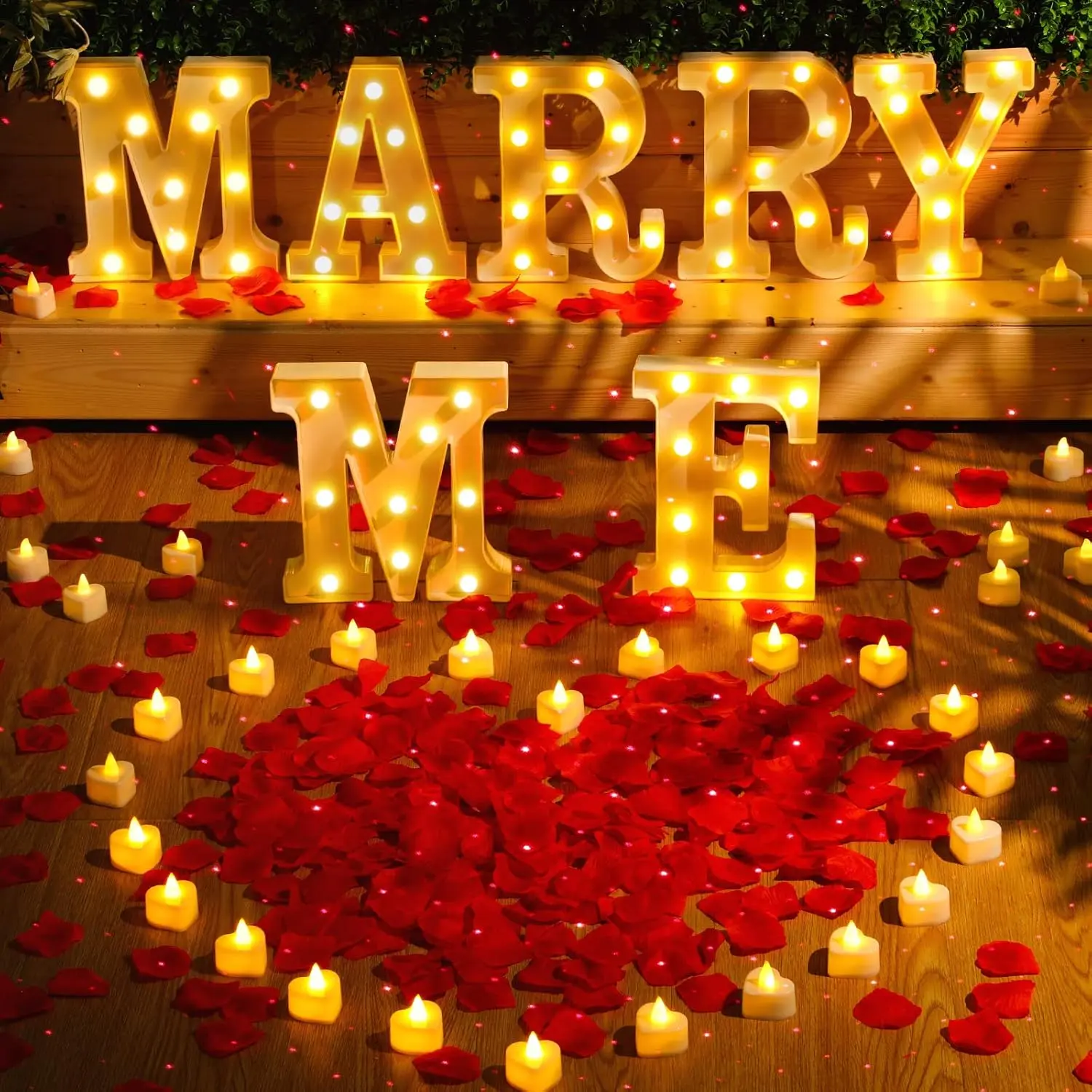 Marry Me Light up Letters Proposal Decorations Will You Marry Me Sign Rose Petals 24 LED Candles Night Light for Proposal Engagement Wedding Anniversary Valentine's Day(Red)