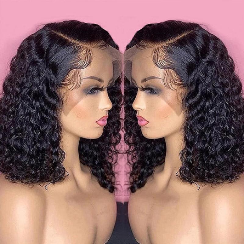 Water Wave Lace Wig Short Bob 100% Human Hair Wigs Deep Wave Transparent Lace Wig Curly Hair Wigs For Women