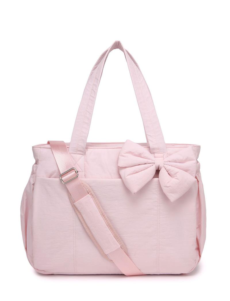Crush Bow Tote Bag for Women Laptop Friendly Lightweight Puffy Handbag with Removable Bow & Multiple Compartments for Travel Work Beach Gym