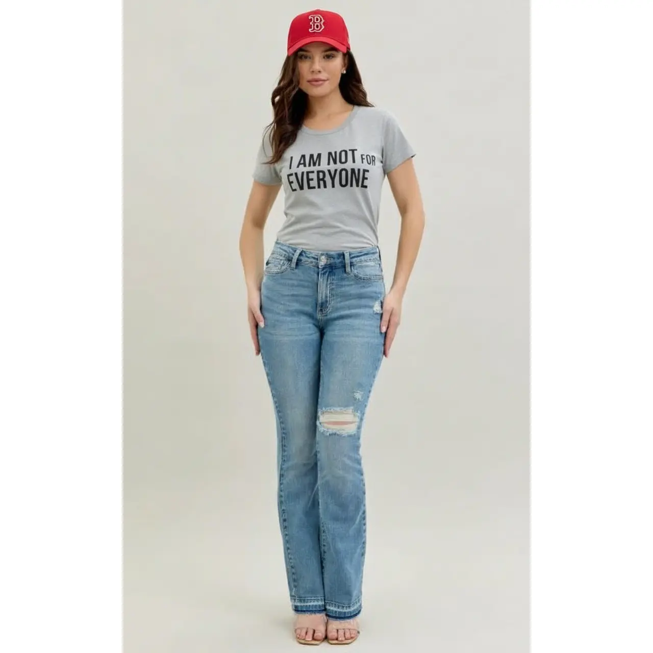 Judy Blue Mid Rise Destroy & Released Hem Bootcut Jeans - 94% Cotton 5% Polyester 1% Spandex Light Wash Distressed Accents