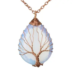 Elegant Tree of Life Pendant Necklace Blue Water Drop Stone and Copper Wire Braided Fashion Amulets for Daily Wearing and Party