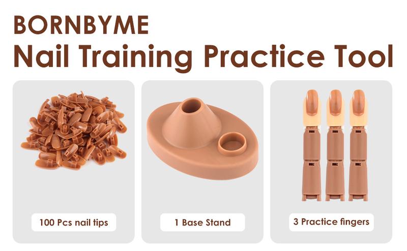 Acrylic Nail Practice Finger Kit with 1 Base Stand 3 Adjustable Fake Fingers 100 Brown Nail Tips for Beginner Nail Training