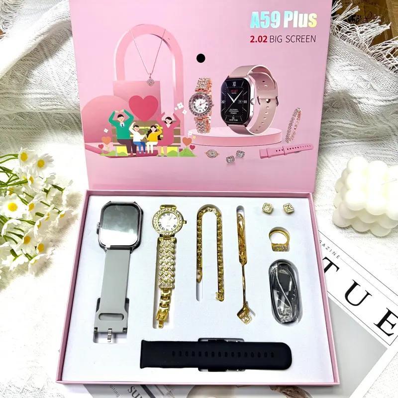 Fashion Gift A58 Plus Women's Luxury 8-In-1 Watch, 2 Bands Ring Earrings, Touchscreen Wearable Android Button Charging Chip Custom LCD Tracker