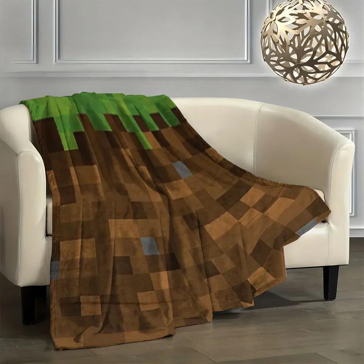 Pixel Grass Block Flannel Throw Blanket, Soft Cozy Gaming Fleece Blanket, Minecraft Style Gamer Room Decor for Bed Sofa Couch Dorm, Unique Birthday Christmas Gift For Gamers Kids Boys Teens