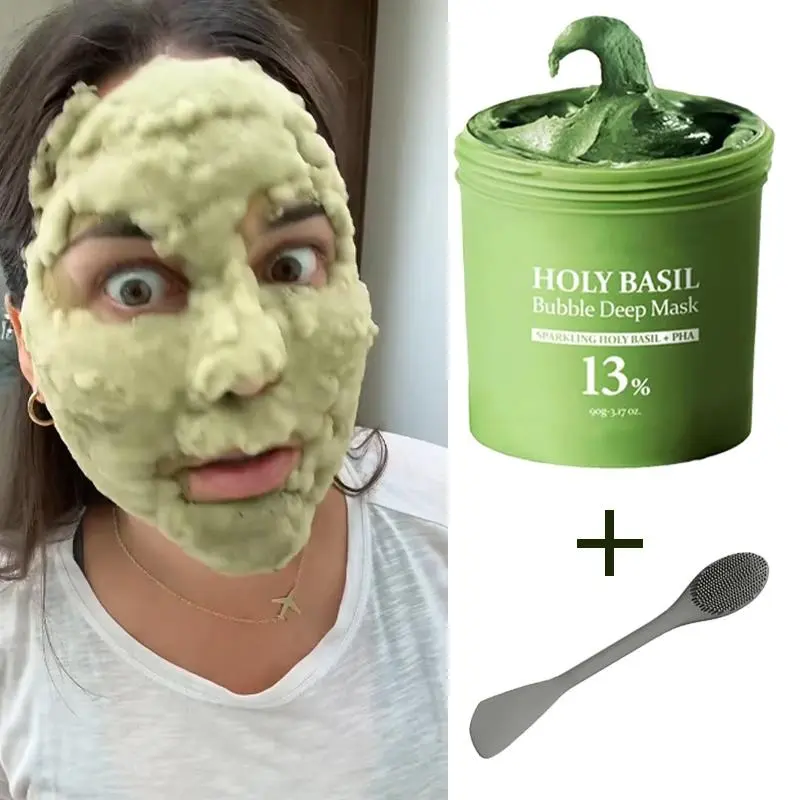Holy Basil Bubble Deep Mask – Holy Basil & Carbonated Water for Cleansing Pores & Blackheads, Suitable for All Skin Types, Vegan Clay-to-Bubble Wash-Off Mask (90g / 3.17 oz) korean face pcalm pack Green Cooling Cleansing Mud Mask