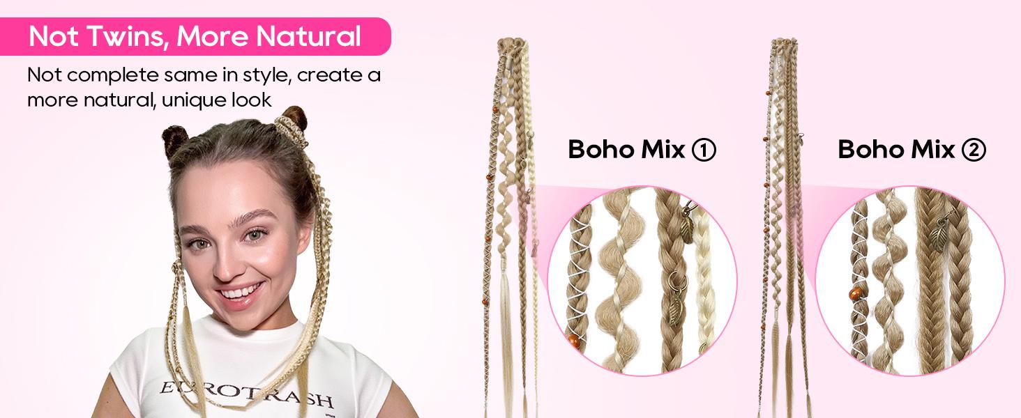 NAYASA 2PCS Clip in Braid Hair Extensions for Women,20" Boho Dreadlock Clip in Braids with Beads & Charms, Handmade Synthetic Braided Hairpieces for Cosplay Daily Styling