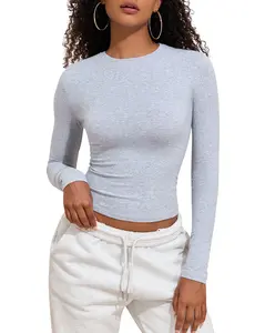 Hilor Women's Long Sleeve T Shirts Crew Neck Tight Fitted Tee Tops Basic Going Out Tops Crop Y2K Clothes