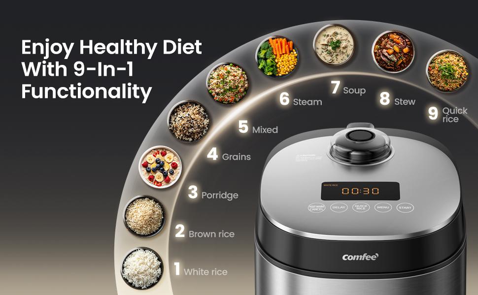 COMFEE' Compact Rice Cooker 8 Cups Cooked/4 Cups Uncooked, 9-in-1 Multi Cooker, Fast Rice Maker, Steam, Brown Rice, Grains, Fuzzy Logic Technology, Grey, Hoiday Haul, Gift