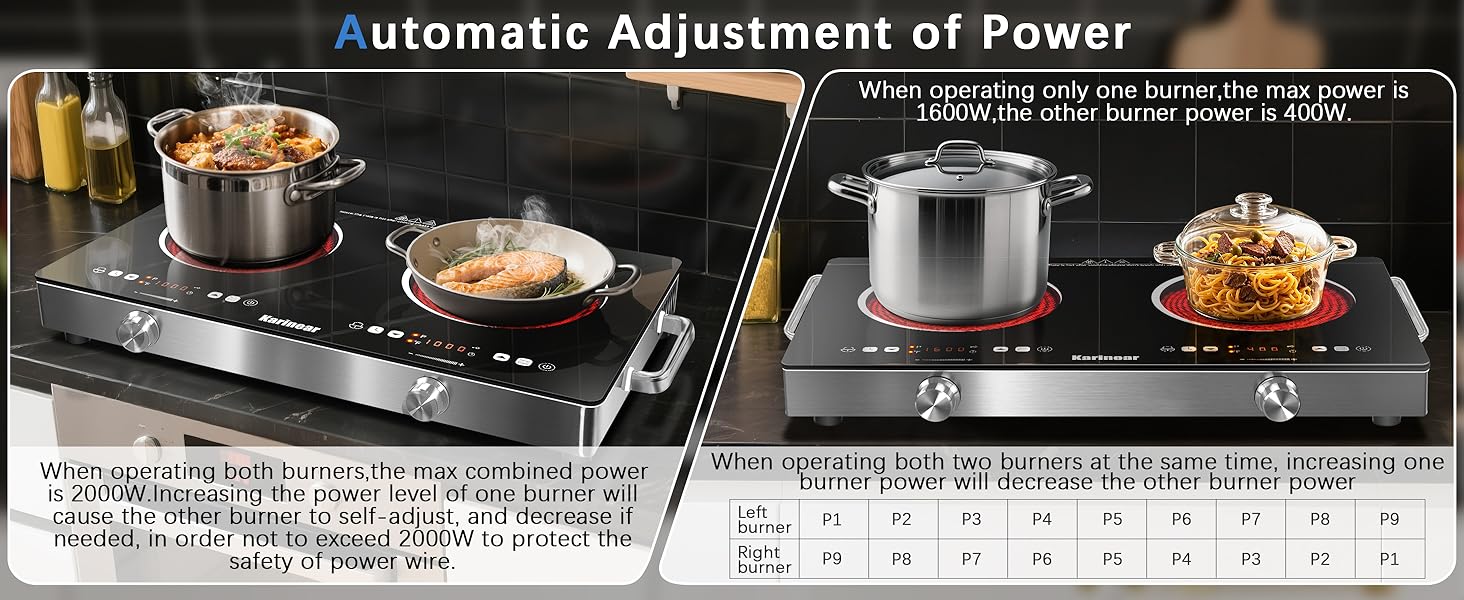 Karinear 2000W Portable Electronic Induction Cooktop - Double Burner Energy-Saving Multi-Function Induction Hobs, Cooking Equipment with Handle, Child Safety Lock, Knob & Touch Controls, 9-Level Adjustable Temperature, US Plug Kitchen Appliance