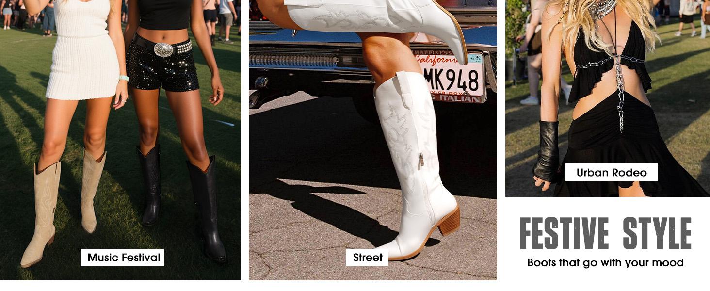 Western Cowboy Boots for Women - Knee High Wide Calf Cowgirl Boots, Slip On Pointed Toe Chunky Heel Fashion Retro Classic Pull On Tall Boot for ladies Party concert