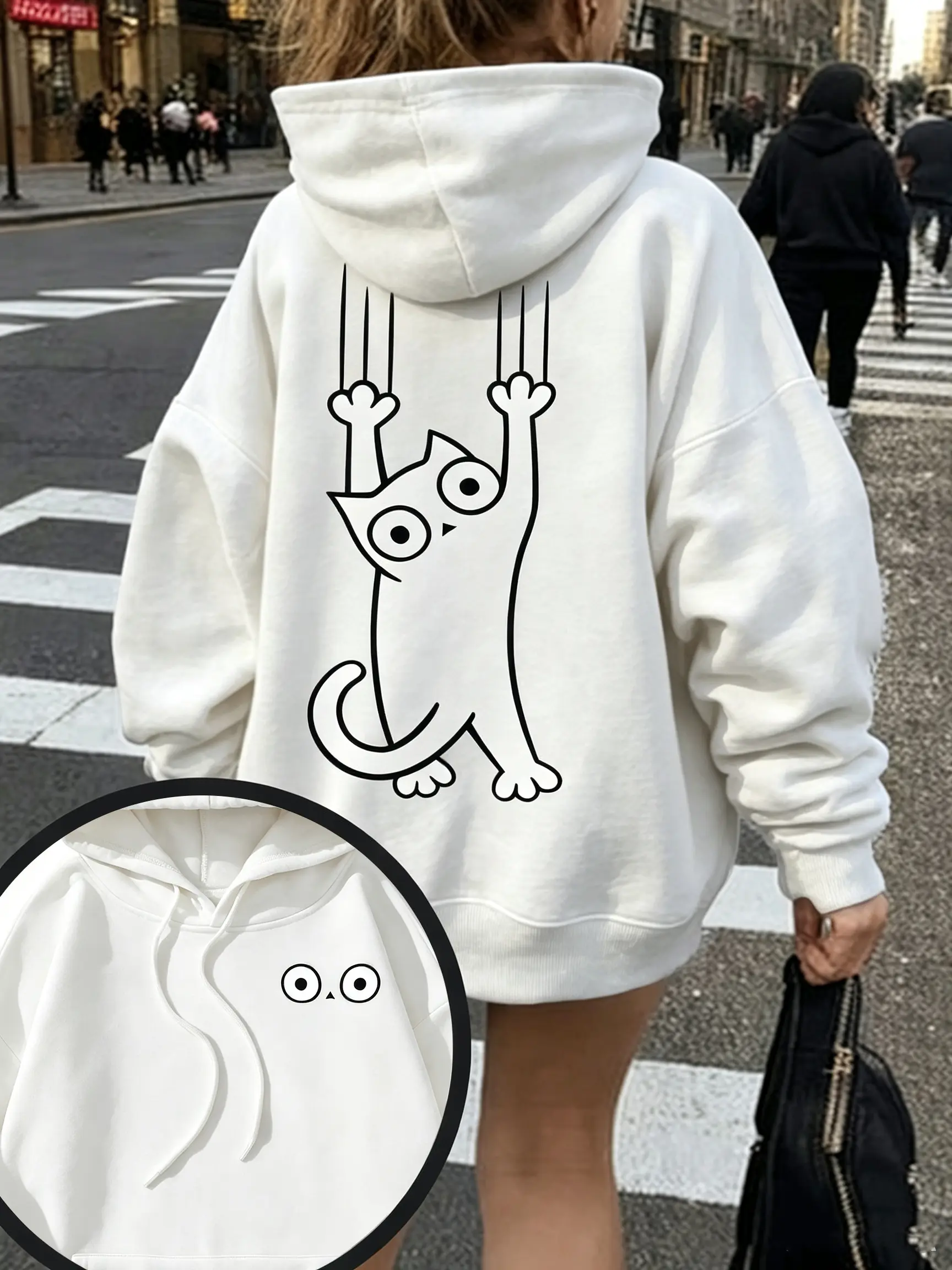 Women's Minimalist Everyday Loungewear Hooded Sweatshirt - Cute Cartoon Cat Animal Front-Back Print, Drawstring Closure, Trendy Fabric, Vibe-Focused Design