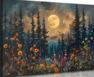Full Moon Forest Wall Art Moonlit Pine Tree Mountains and Wildflowers Woodland Nature Landscape Picture  Poster Print Artwork for Bedroom Living Room Home Decoration Frameless Poster