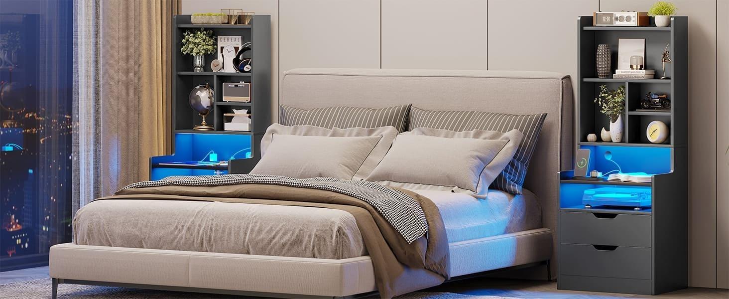 Sikaic LED Tall Nightstand with Bookshelf Charging Station Modern Bedside Table with 2 Storage Drawers and Open Storage Space