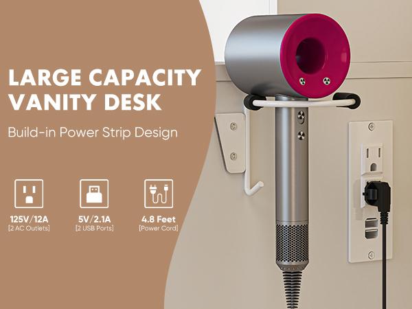 White Vanity Desk with Lighted Mirror & Power Outlet, Makeup Vanity with 3 Drawers, 4 Shelves, Cabinet & Hair Dryer Holder for Bedroom Girls