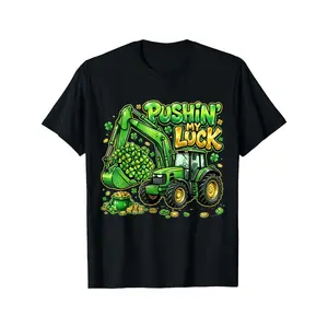 Pushing My Luck Shamrock Tractor St. Patrick'S Day Boys Kids T-Shirt |   100% Crew Neck Short Sleeve Tee, Casual Summer Back to School, Perfect Gift for Youngsters, Birthday & Holiday Party Outfit, Gamer Gifts, Casual Youngsters Wear