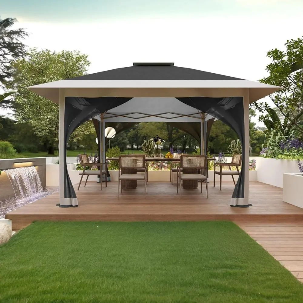 12x12 ft Outdoor Patio Sturdy Gazebo - Heavy-Duty Ventilated Canopy Shade, Weather Resistant Shelter with Corrosion-Resistant Metal Frame, Netting, Curtains, Sun/Privacy Protection for Deck Backyard (Dark Gray & Light Gray, Assembly Required), Protective,