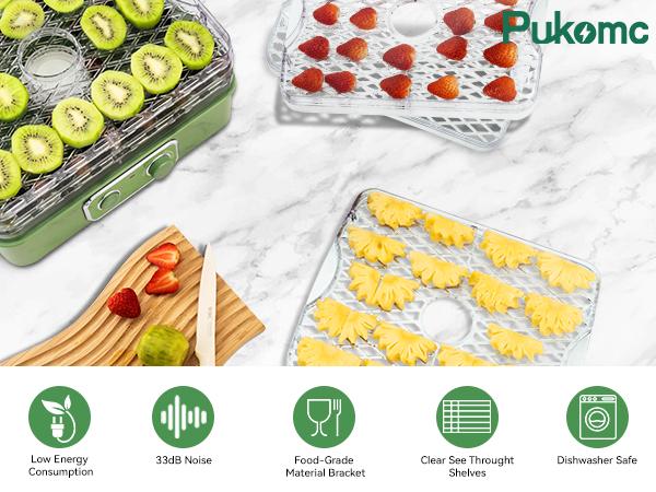 Pukomc Dehydrator with 5-Layer Capacity, BPA-Free Food-Grade AS Material, One-Touch Control for Fruits, Meats & More, Green Design Kitchen Appliances