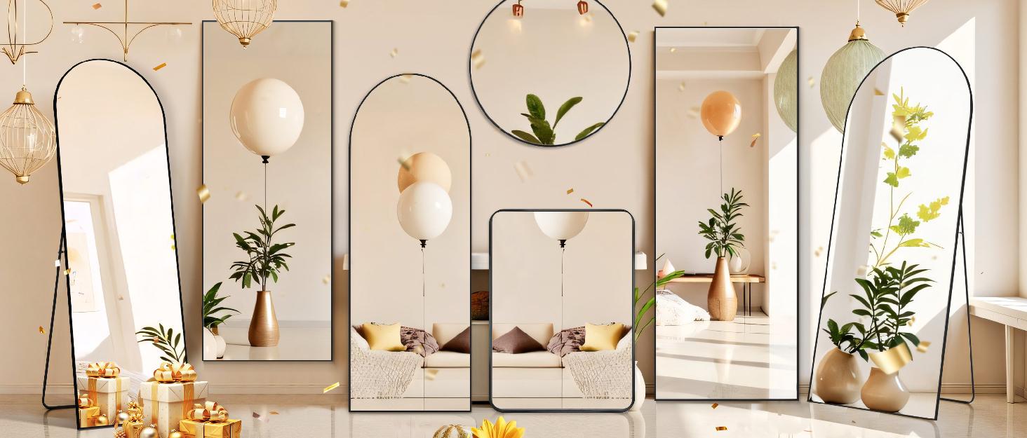 [Summer Deal] Full Length Mirror Body Mirror Floor Standing Mirror Hanging or Leaning Against Wall, Aluminum Alloy Thin Frame Decor