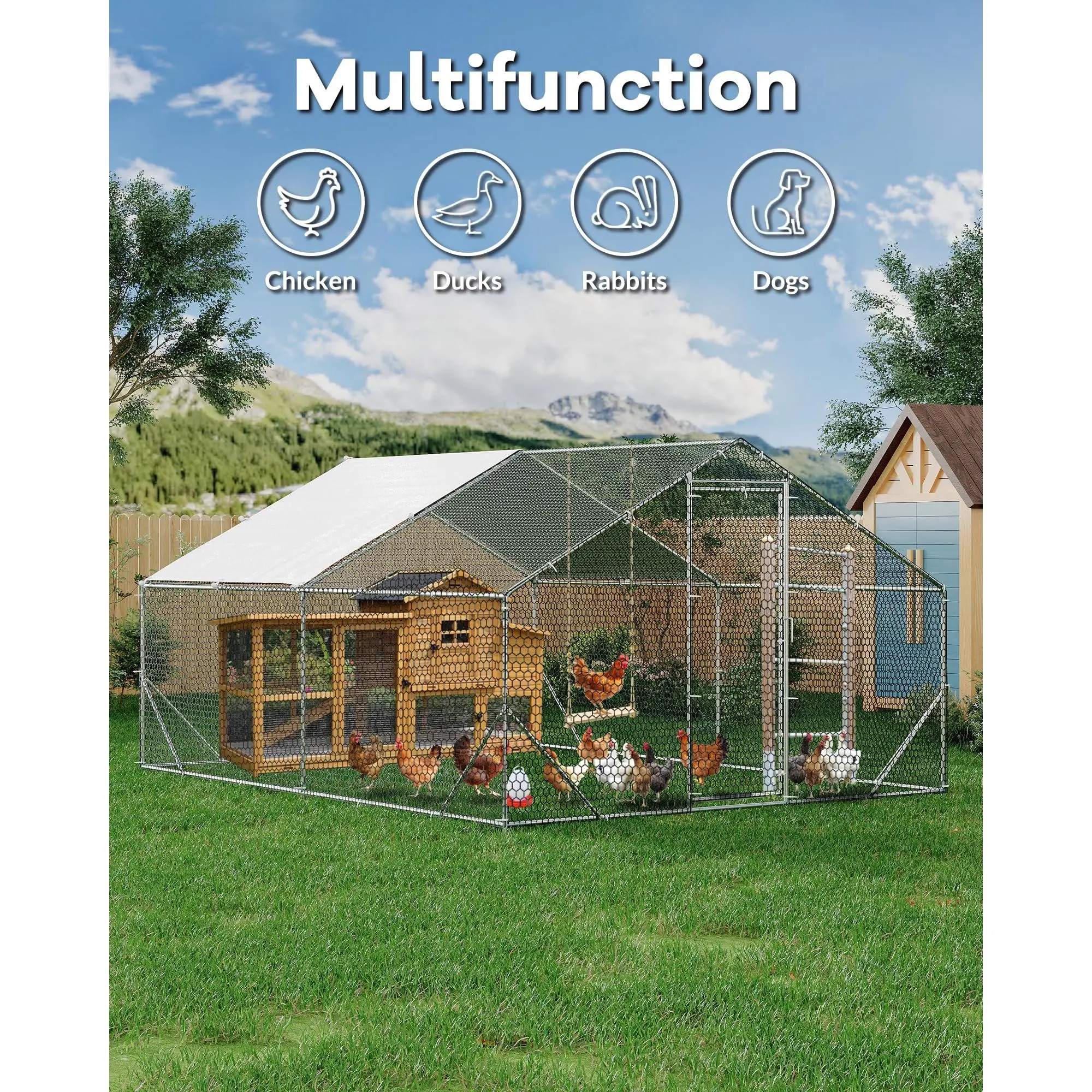 Galvanized Steel Large Walk-in Chicken Coop (9.8'X6.5'X6.5') with Hex Mesh, Waterproof Anti-UV Weatherproof Cover, Lockable Doors, Spire Roof, Predator-Proof Outdoor Poultry Cage for Chickens/Ducks/Rabbits