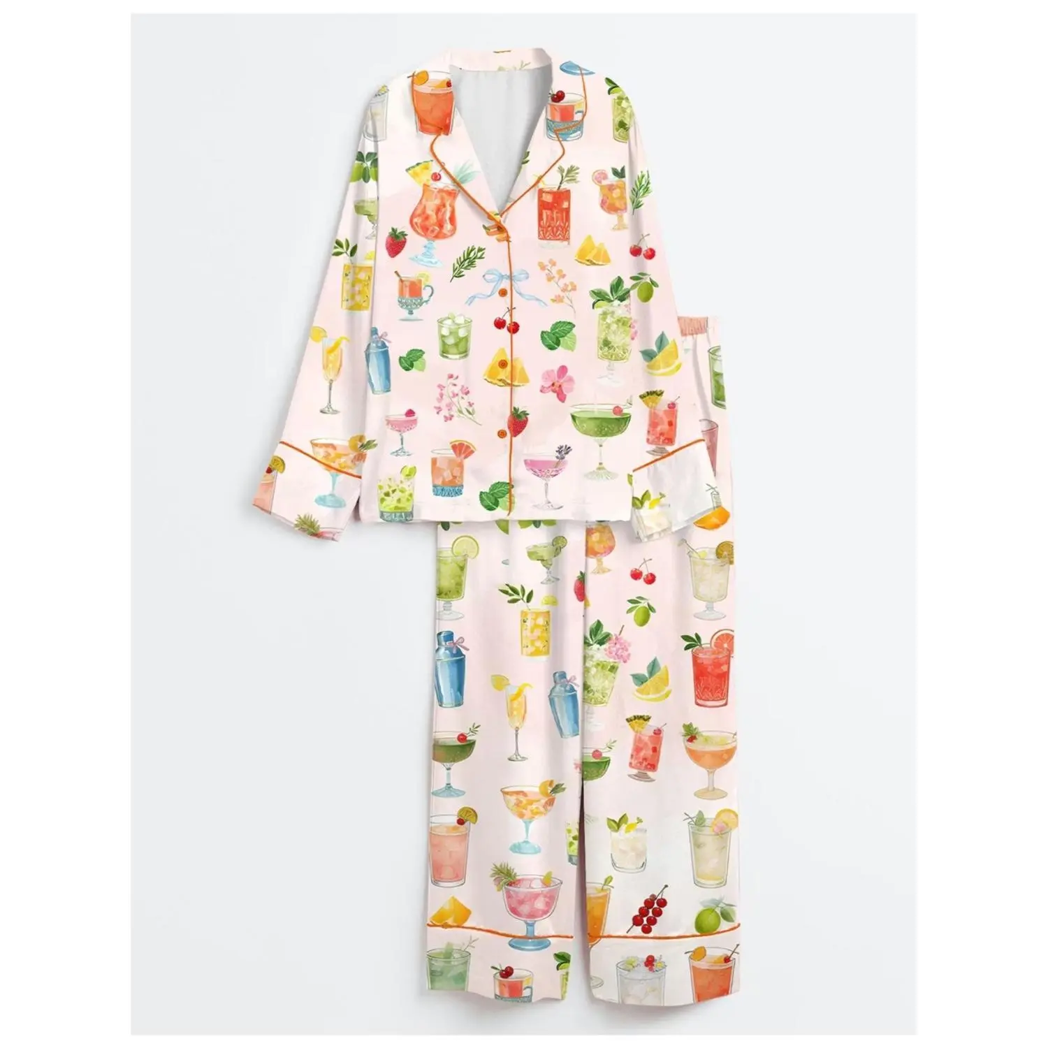 Maternity Pajama Set – Colorful Summer Fruit Cocktail Print, Vivid Watercolor Design, Lapel Collar Long Sleeve Button-Up Top with Wide-Leg Pants, Soft Loose-Fit Sleepwear for Pregnant Women – Ideal Casual Loungewear or Thoughtful Gift for Family & Friends