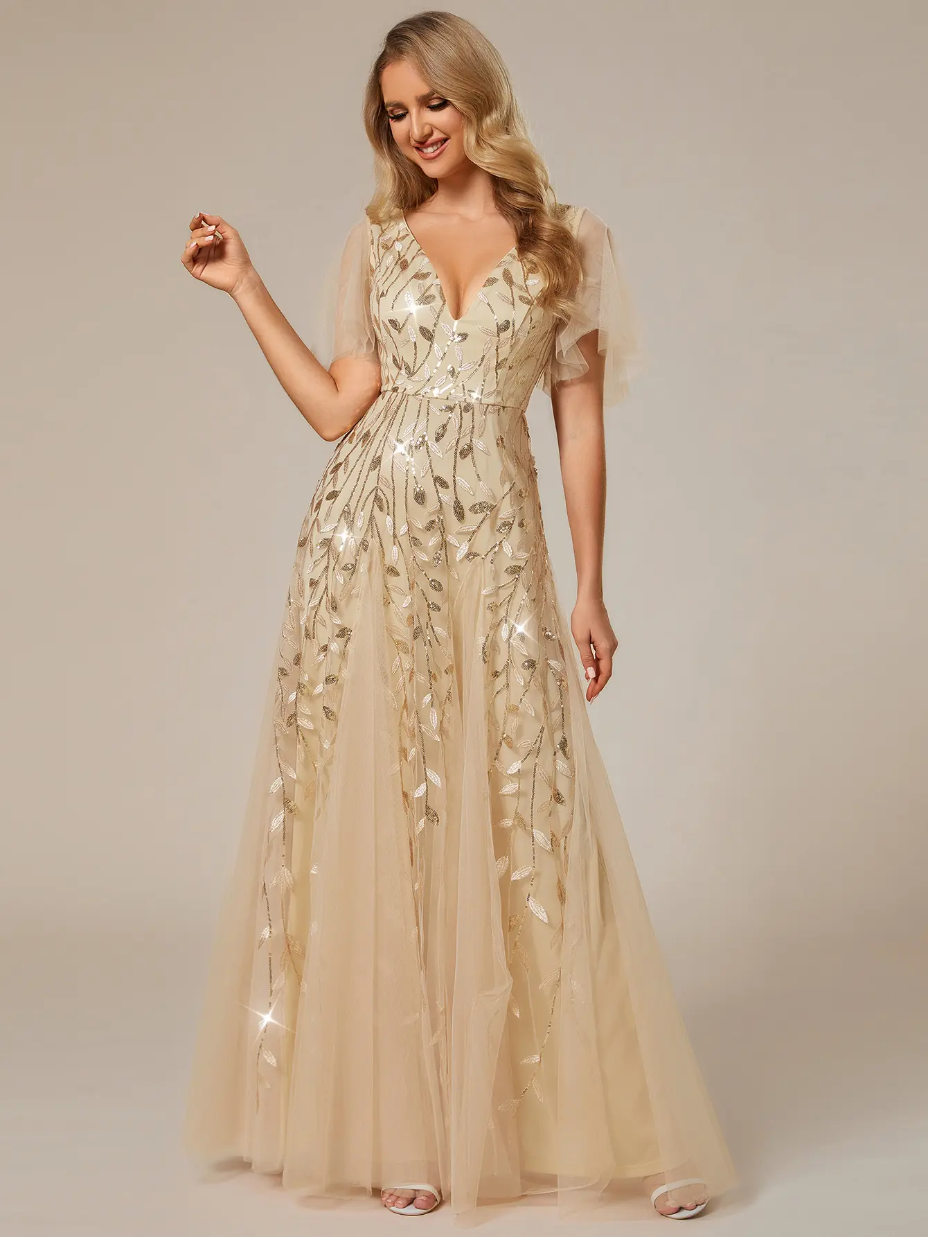 Ever-Pretty 2026 Spring  Dress ,Women's Shimmery Elegant  Sequin Maxi Dress with Ruffle Sleeves for women dress, Gorgeous Comfort Basic Glitter Sparkly ,Formal dress,0736 Womenswear ,Evening dress