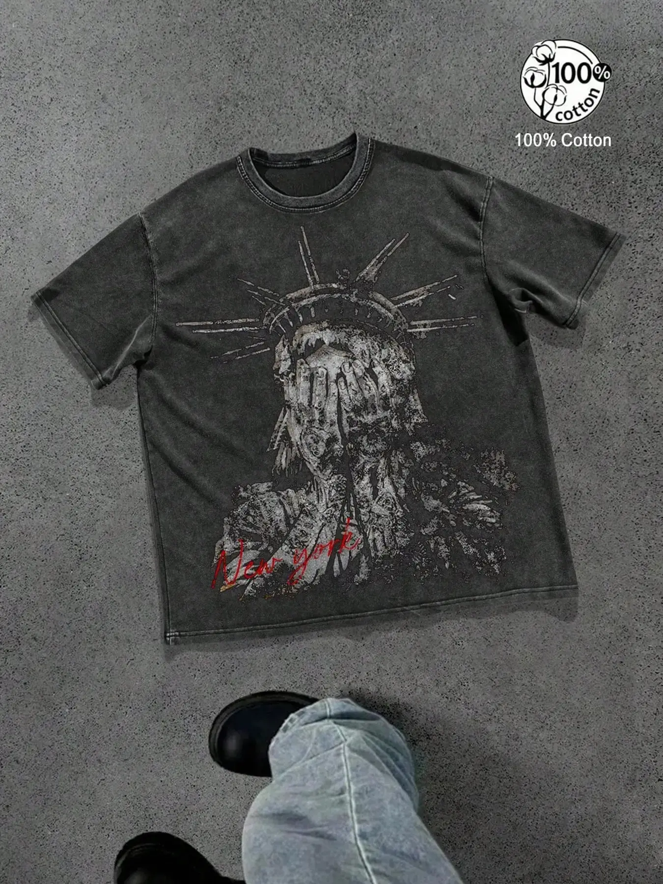Men's 100% Cotton Vintage Acid Washed Baggy Loose Short-Sleeve Round Neck Graphic Tee - Covered Face Statue of Liberty "New York" Print, Dark American Retro Streetwear Menswear Cotton Graphic Shirts Vintage T Shirts