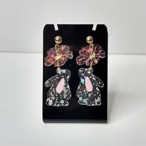 #537 Silver Glitter Bunny Rabbit with Pink Glitter Flower & Gold Ball Stud Earrings, Casual Easter Jewelry