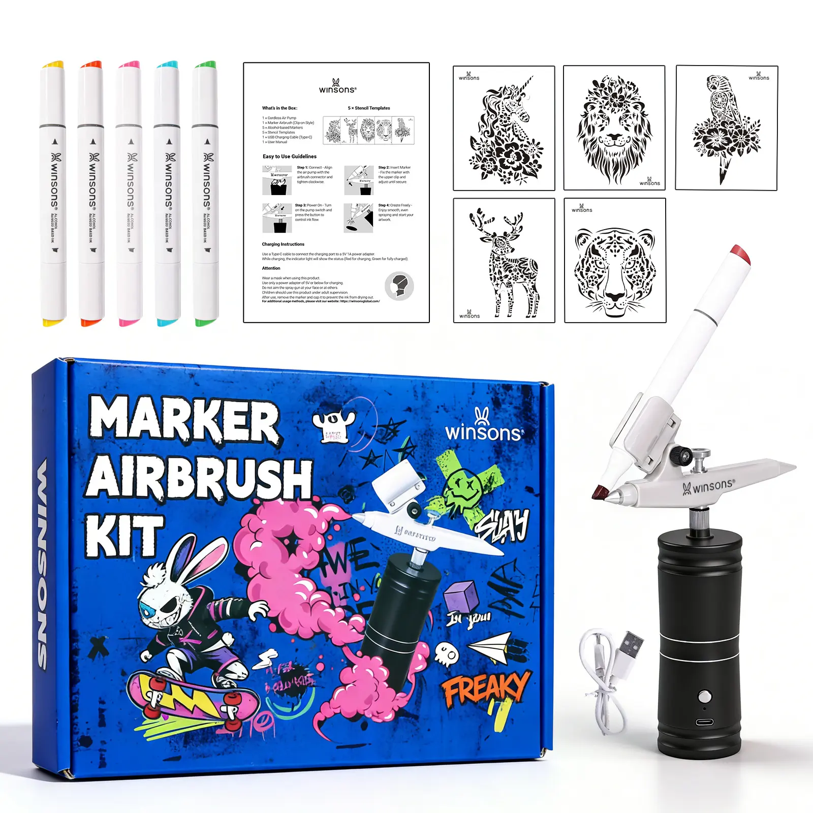 WINSONS 2.1 Upgraded Turbo Cordless Marker Airbrush System - 24 Colors, Long-Life Precision Engine, Quick Installation Office Stationery Tool, Fits Most Markers & Pen Holders, Smart Charging, Airbrushing Supplies for DIY Art Design, Easy To Clean