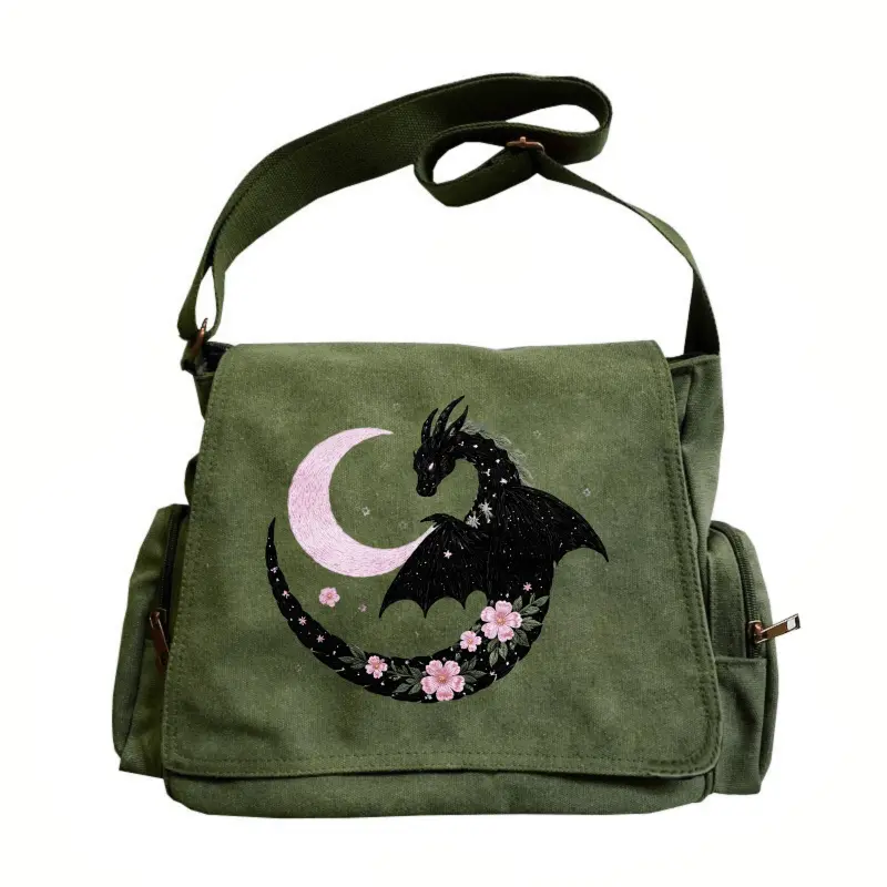 Women's Vintage Large-Capacity Clamshell Crossbody Bag - Adjustable Strap, Foldable Graphic, 2-Color Options (Black Dragon Surround w/Pink Moon Cherry Blossom), Easy Grab-and-Go for Daily Errands, Shoulder Bag, Gifts for Girlfriend