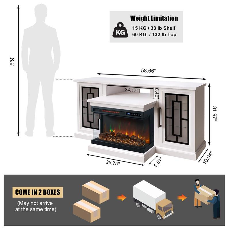 59 Inch LED TV Stand with 3-Side Glass Fireplace, Modern Media Entertainment Center Console Table for TVs up to 65 Inch with Adjustable Flame & LED Color, 24’’ Fireplace, Highboy, White