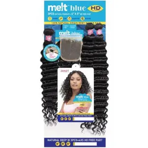 Janet Collection Melt Blue 100% Remy Human Hair NATURAL DEEP Weave 3pcs + 4x5 Free Part Closure