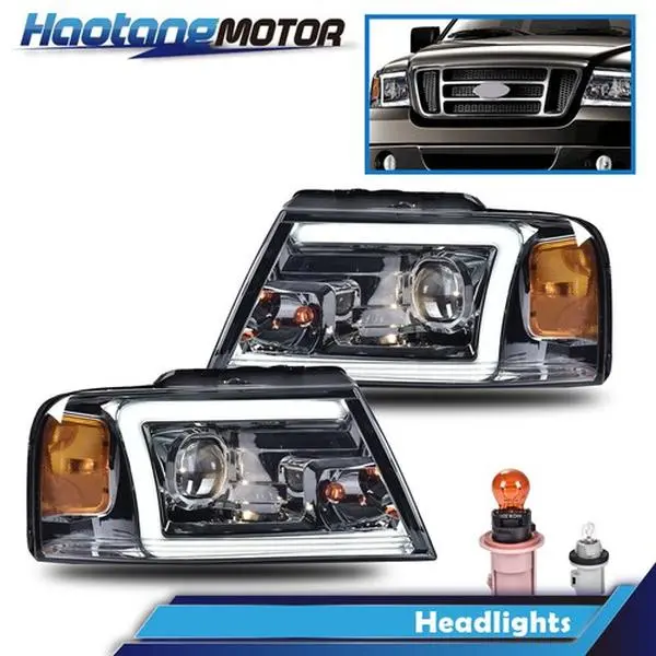 CROSSDESIGN LED DRL Projector Beam Headlight Assemblies with Amber Corner, LED Headlamp with Daytime Running Light, Aftermarket Bulbs for Ford F-150 04-08, Lincoln Mark LT, Replacement