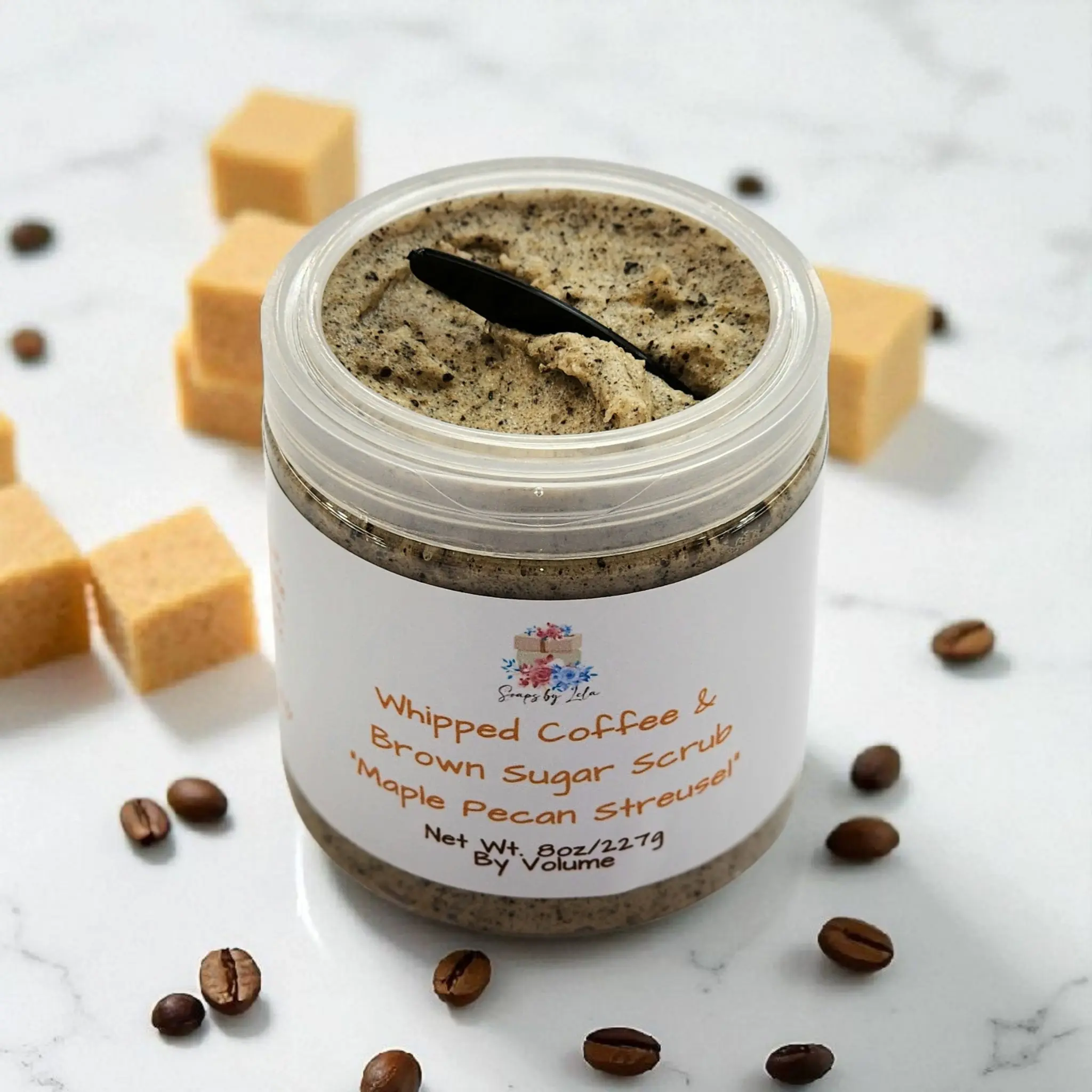 Whipped Coffee and Sugar scrub with Coarse Brown Sugar, White sugar and Coffee Grounds. Exfoliate and cleanse. Moisturizing
