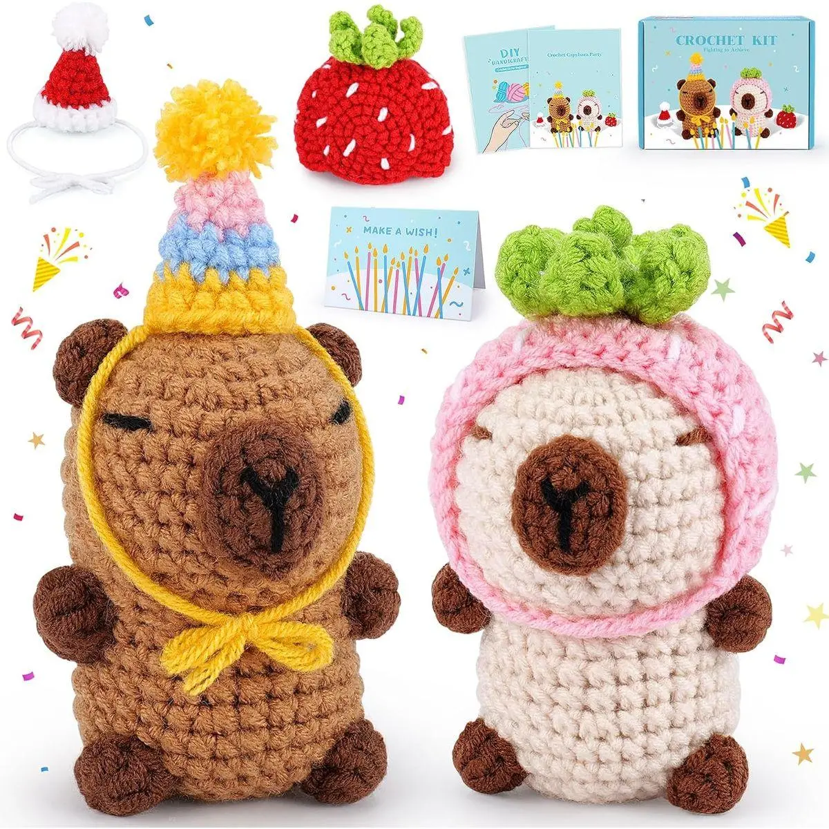Crochet Kit for Beginner-2PCS Animals Brown and Beige Capybara Crochet Kit with Step-by-Step Video Tutorials,Stuffed Animal Knitting Kit for Adult,Capybara Party Crocheting Kit for Birthday